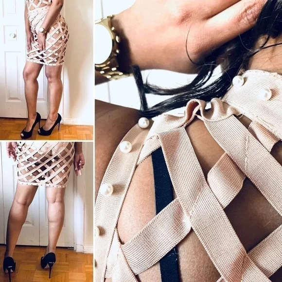 FASHION NOVA BANDAGE SEXY DRESS  TAN COLOR MEDIJM - Picture 8 of 16